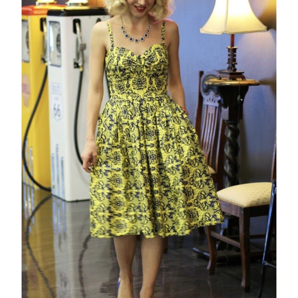 Unique Vintage 50s Rockabilly Damask Chateau Dress 2XL Yellow Navy Retro Swing